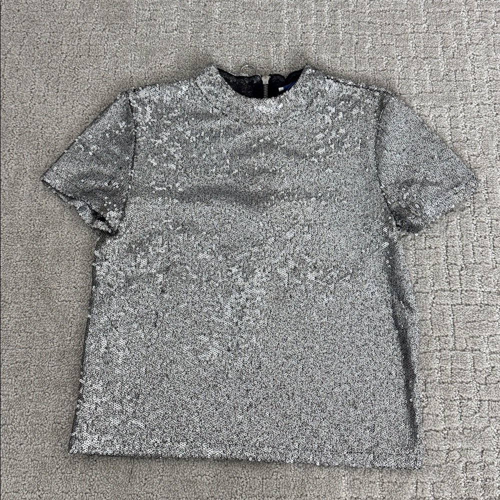 Zara Sparkly Sequined Knit Mock Neck Short Sleeve Blouse Top - Picture 2 of 6